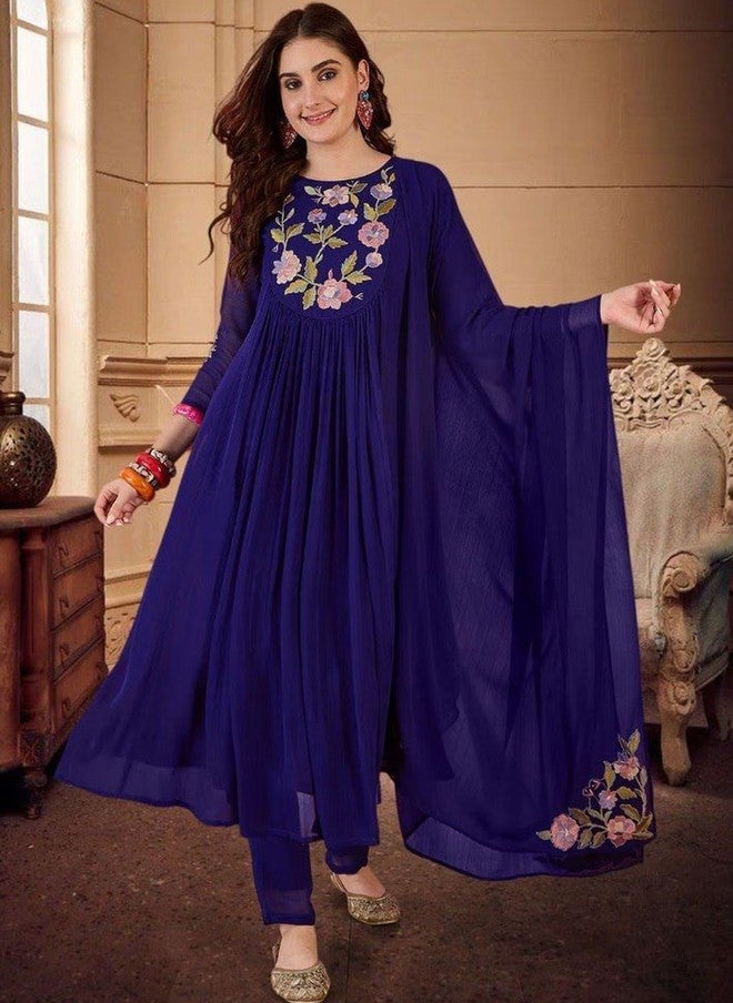 Women Basket طقم أناركالي مطرز بالأزهار مع بنطلون ودوبتة - Image 1